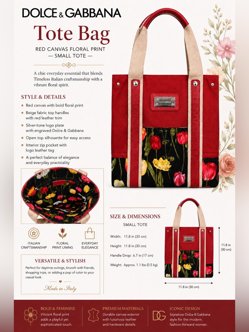 Dolce & Gabbana Red and Beige Floral Canvas Tote